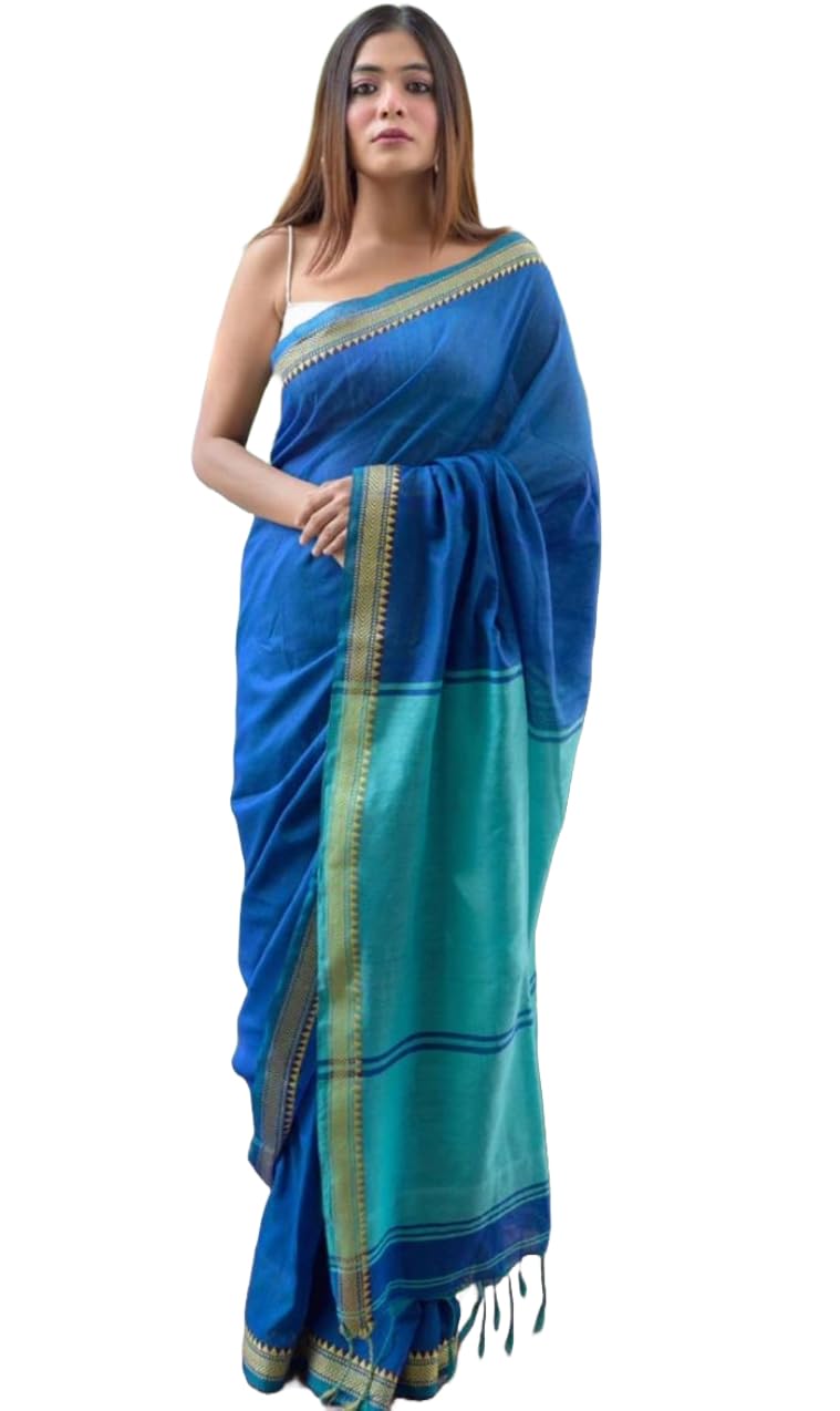Womens Cotton Blend Handloom Khadi Small Border Saree With Unstitched Blouse Pices By Saptak Fashion 5.5M Saree & 0.8M Cotton Blouse Pices. BLUE&GREEN