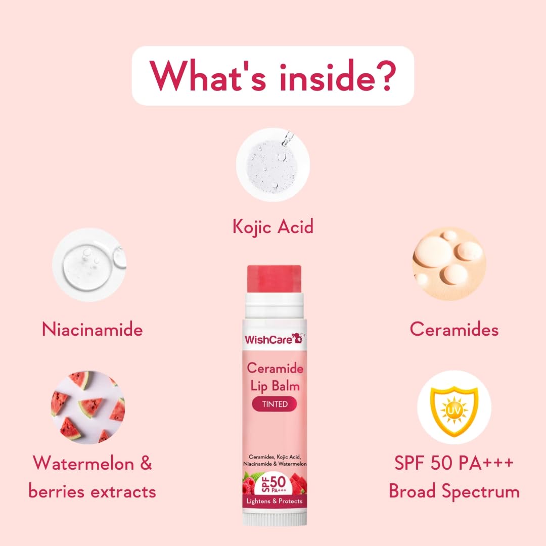 WishCare Tinted Lip Balm SPF 50 PA+++ | Brightening Lip Balm for Dark Lips | In-Vivo Tested | Kojic Acid & Niacinamide | For Women | 5g