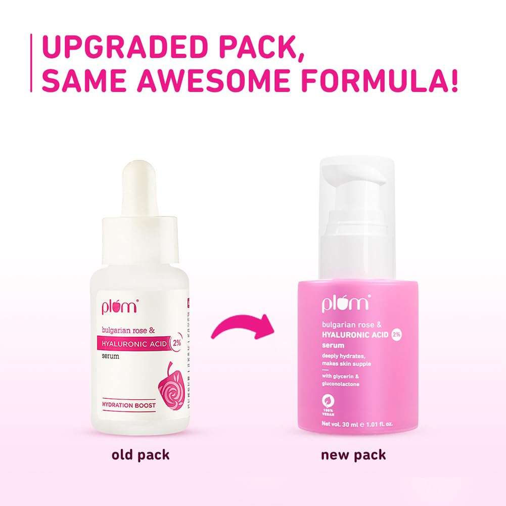Plum 2% Hyaluronic Acid Serum with Bulgarian Rose (30 ml) | Instant Hydration for Plump & Bouncy Skin | Daily Use Face Serum| For All Skin Types | Fragrance-Fre