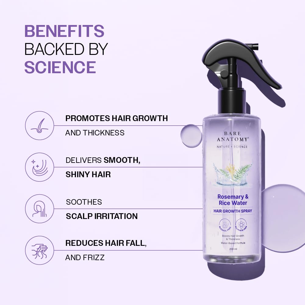 Bare Anatomy Nature x Science Rosemary Water Spray for Hair Growth & Hair Thickness with Rice Water | 100% Natural Extract | Soft & Smooth Hair | Controls Hairfall & Adds Shine | Non-Greasy & Fast Absorbing | 200 ml