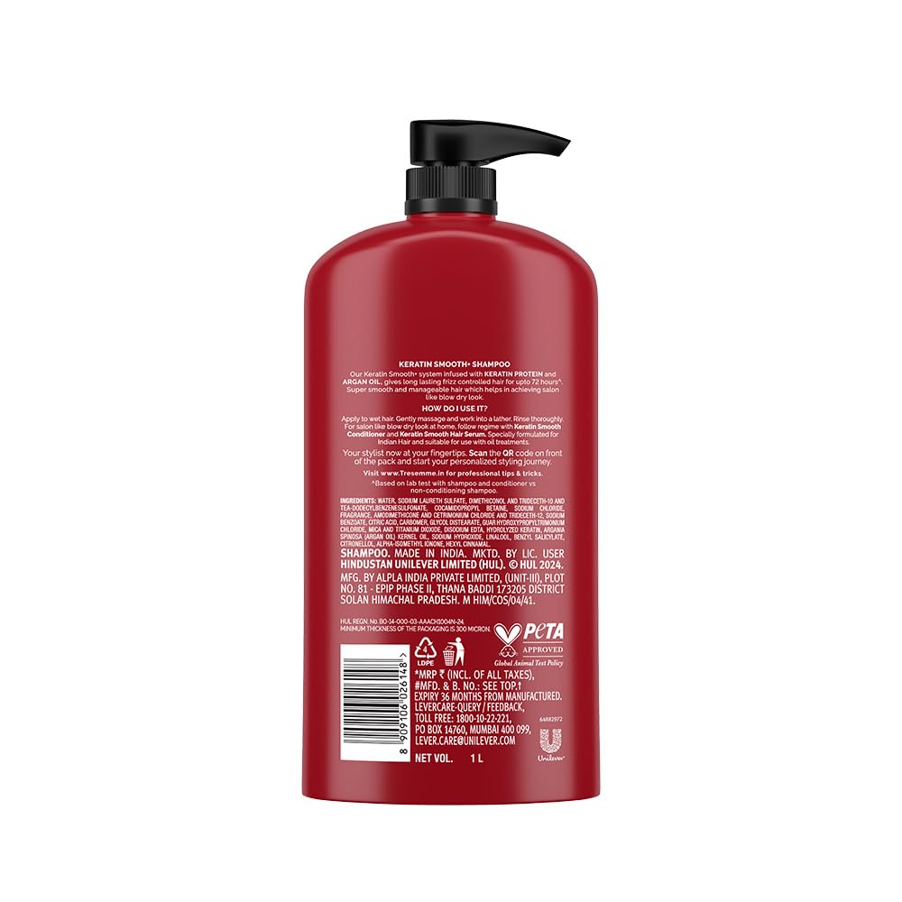 TRESemmé Keratin Smooth+ Shampoo 1000ml | 72H Frizz Control with Keratin Protein & Argan Oil | Paraben Free Smoothening Shampoo for Dry & Frizzy Hair