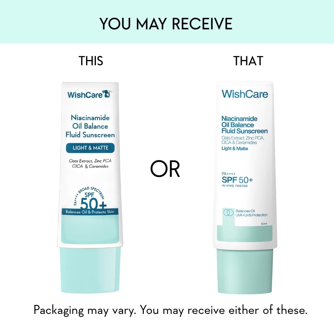 WishCare Niacinamide Oil Balance Fluid Sunscreen SPF 50 PA++++ In-Vivo Tested | 8Hrs+ SPF Protection | Lightweight, Matte & No White Cast | Photostable Sunscreen SPF 50 For Oily Skin, Sensitive, Dry & Combination Skin | For Women & Men | 50 ml