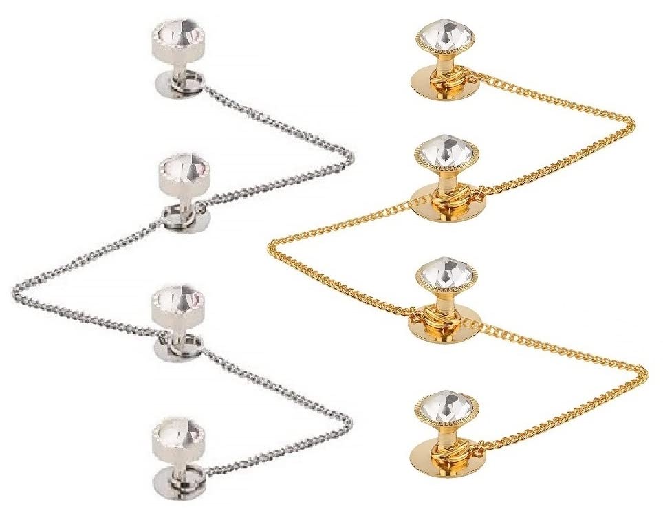 Traditional White Stone Studded Gold and Silver Plated Kurta Buttons and Cufflinks Combo with Chain for Men and Women