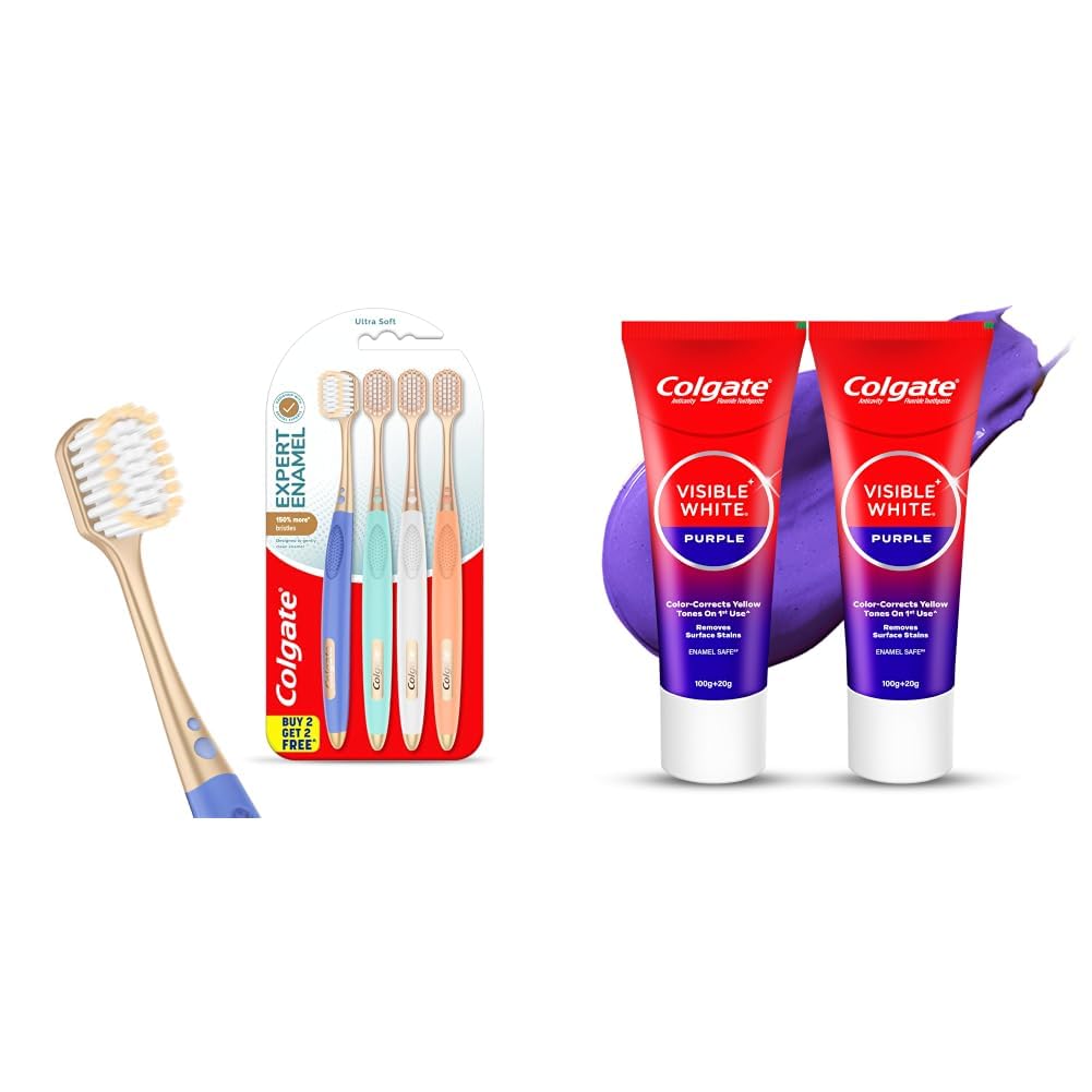 Colgate Gentle Enamel Ultra Soft Bristles Manual Toothbrush for adults, 4 Pcs (Buy2 Get 2), Soft Bristles for Enamel Care,Multicolor & Visible White Purple Toot