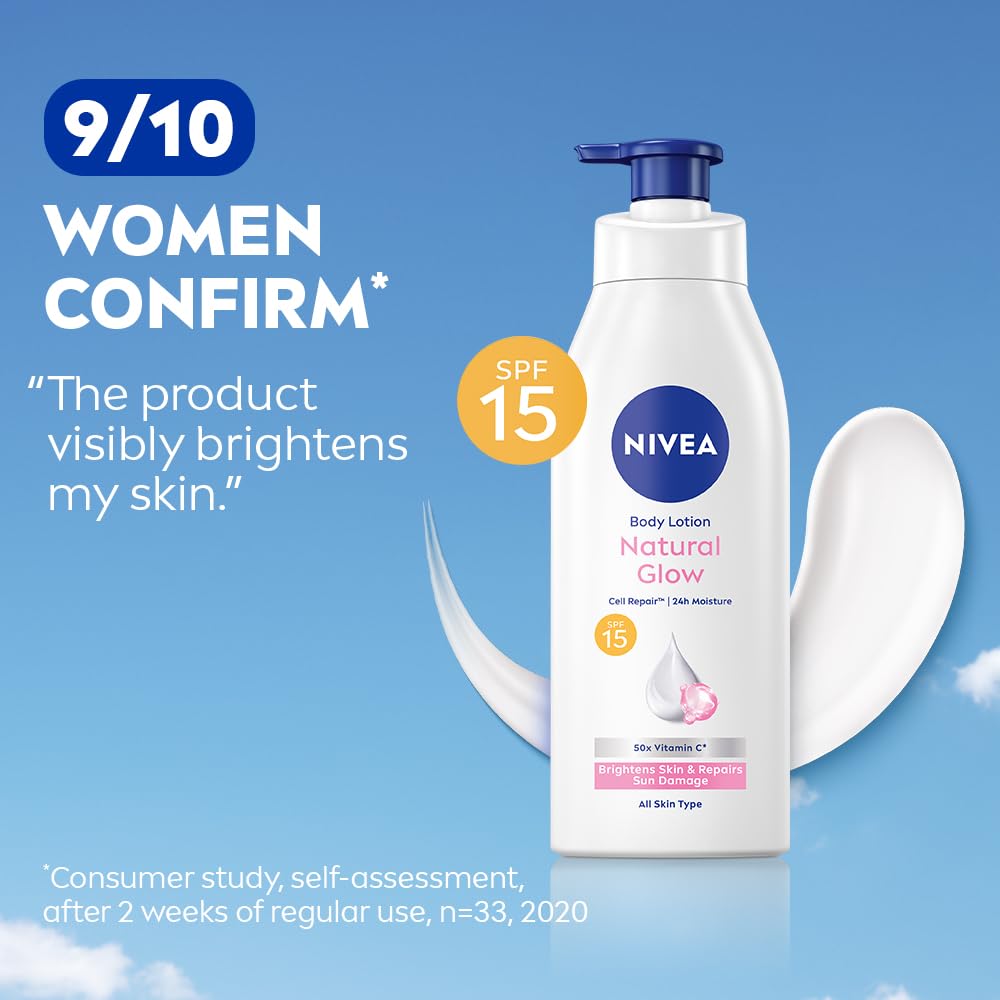 NIVEA Natural Glow Cell Repair Body Lotion with SPF 15 And UV A & B Filters | 50X Vitamin C | 24H Hydration | Even Skin Tone in 7 Days | Brightens Skin and Repa