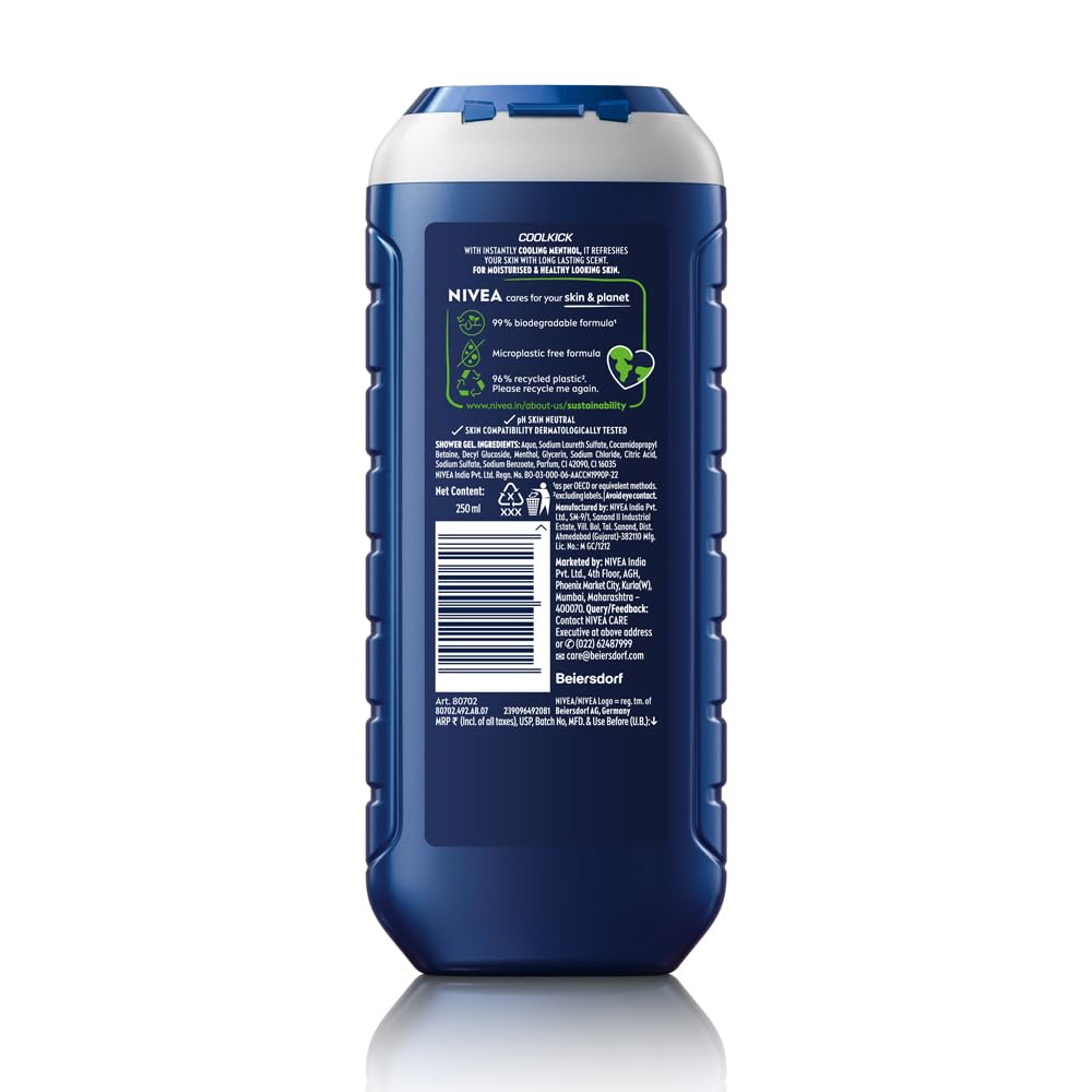 NIVEA MEN Cool Kick 250ml Body Wash| Shower Gel for Face, Body & Hair| Refreshing Icy MENthol|24 H Freshness |For All Skin & Hair Types Menthol 1 count (Pack of