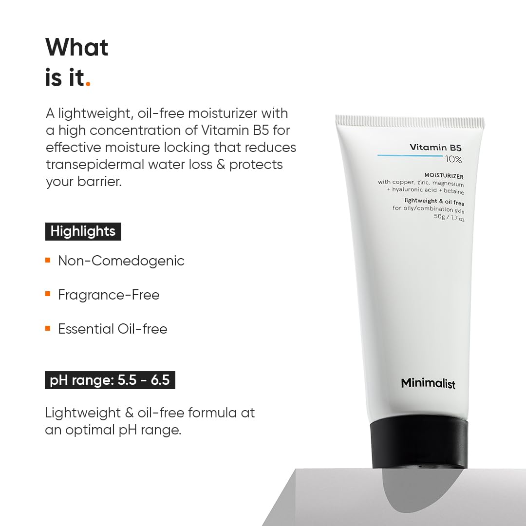 Minimalist Panthenol (Vitamin B5) 10% Face Moisturizer for Oily & Acne Prone Skin | For Dehydrated and Damaged Skin Barrier | For Women & Men | 1.7 Oz / 50 gm