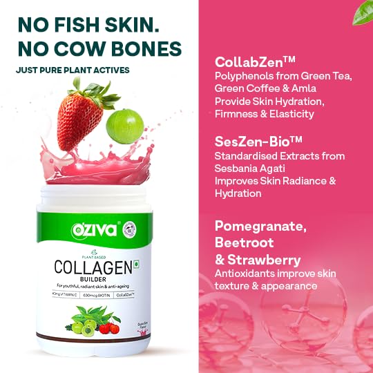 OZiva Vegan Collagen Powder, Skin, Hair & Nails, Biotin, Guava Glow, 200g