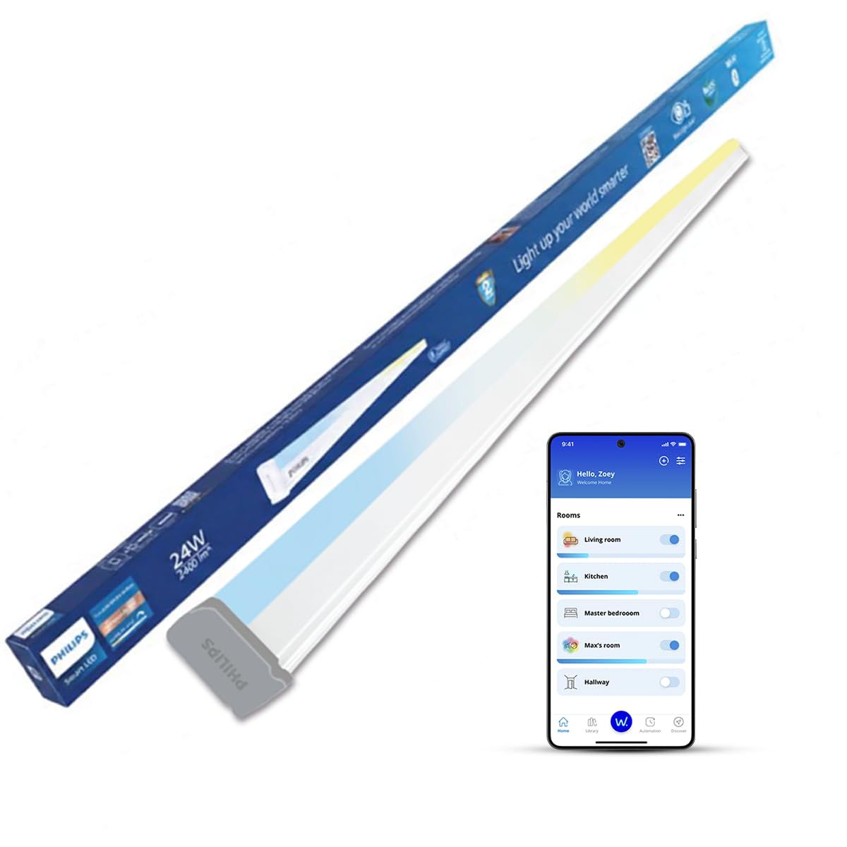 PHILIPS Smart Wi-Fi 24W LED Batten NXT | Tunable White 2700K–6500K | 2400 Lumens | WiZ App & Voice Control (Alexa, Google) | Energy Efficient | Pack of 1