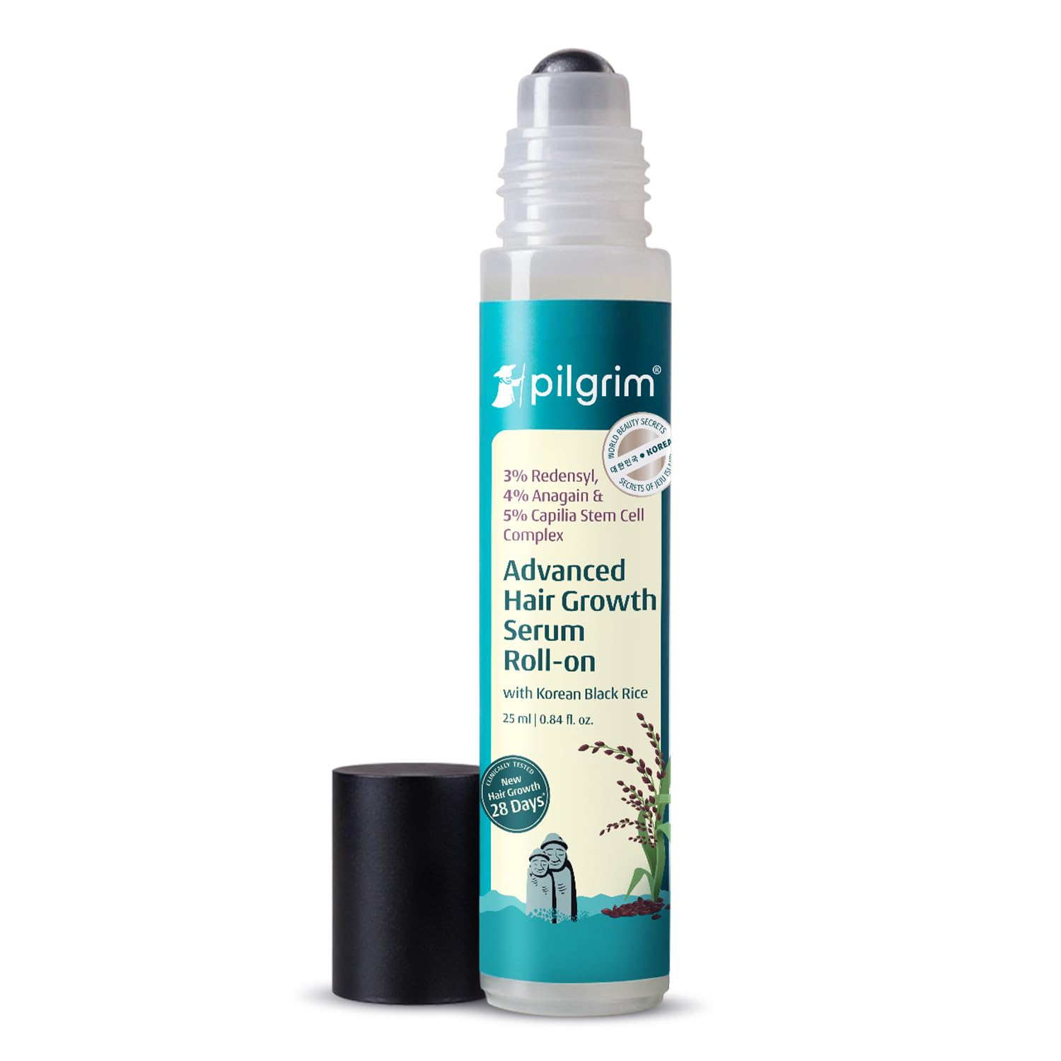 Pilgrim 3% Redensyl, 4% Anagain & 5% Capilia Stem Advanced Hair Growth Serum Roll-on for Scalp with Korean Black Rice & Rosemary | Control Fall, Stimulate Regrowth, Increase Density | (25ml)