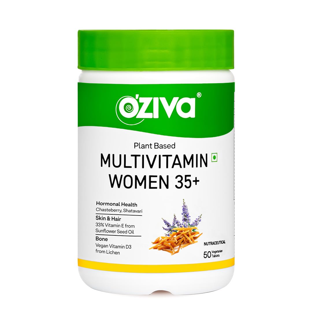 OZiva Plant Based Multivitamins for Women 35+| For Hormonal Health, Skin & Hair, Bone Health| With Chasteberry, Vitamin E & D3, 50 Vegetarian Tablets Pack of 1