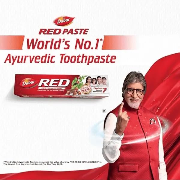 Dabur Red Toothpaste - 350g (175g x2) Family Pack with Toothbrush | Fluoride Free| Helps in Bad Breath Treatment, Cavity Protection, Plaque Removal | For Whole Mouth Health| Power of 13 Potent Ayurvedic Herbs