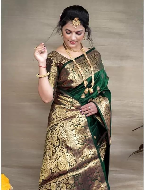 Yashika Women's Zari Woven Cotton Silk Jacquard Saree With Unstitched Blouse Material Green