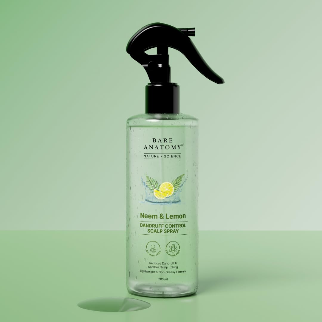 Bare Anatomy Nature x Science Dandruff Control Scalp Spray for Dandruff & Flake Reduction with Neem Leaf, Lemon & Tea Tree Extract | Lightweight & Non-Sticky Formula | Refreshes & Soothe Scalp | 200ml
