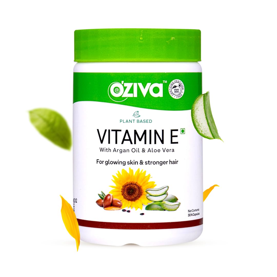OZiva Plant Based Natural Vitamin E Capsules for Face & Hair with Sunflower oil, Aloe vera oil ,Argan oil, Vegan &Natural Vitamin E for Glowing Skin & Stronger