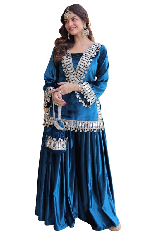 Fashion Dream Women’s Ice Velvet Sharara Set | Mirror Work Palazzo Suit with Matching Potli 44 Blue