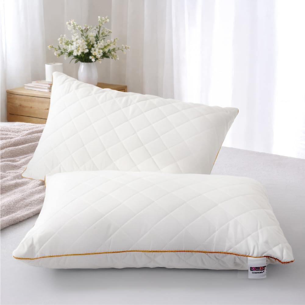 Spaces Quilted Pillows Set 2 | Soft and Adjustable Sleeping Pillow | Premium Microfiber Bed Pillows for Sleeping | Luxurious White Quilted (43 x 69 cm) | Fluffy