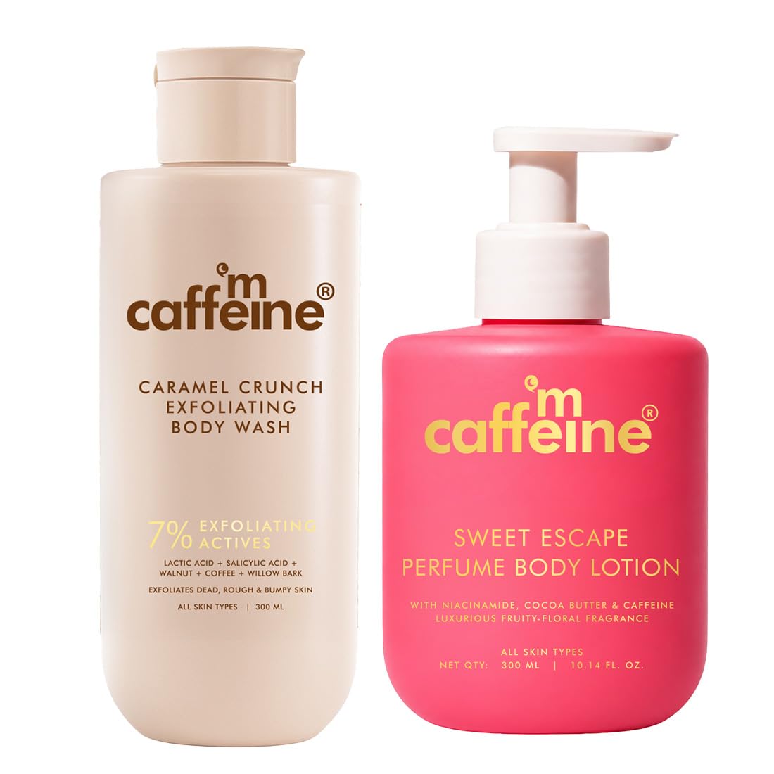 mCaffeine Smooth Skin & Floral Bliss Duo | 7% Exfoliating Body Wash | 1% Salicylic & 2% Lactic Acid | Reduces Body Acne & Ingrown Hair | Sweet Escape Perfume Bo