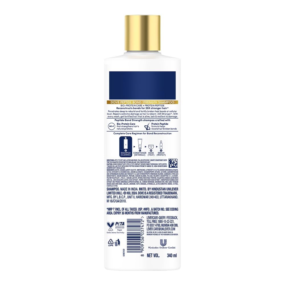 Dove Peptide Bond Strength Shampoo for Dry & Damaged Hair - 340 ml | Enriched with PROTEIN PEPTIDES | Reconstructs broken Bonds for 20X Stronger Hair