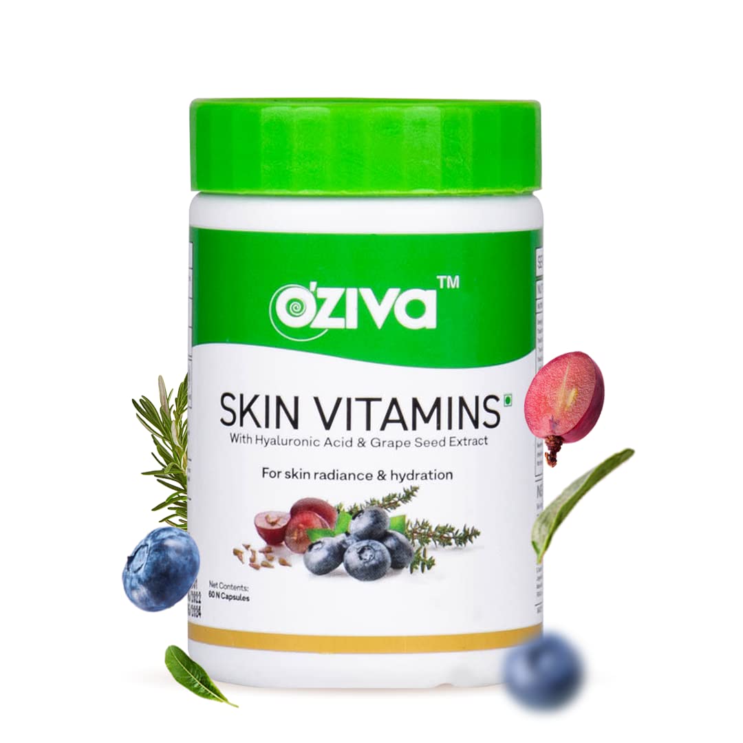 OZiva Skin Vitamins 60 Capsules for Men & Women (with Hyaluronic Acid, Vitamin E & C for Radiant Skin & Hydration, Certified Clean & Vegan, 50 grams Skin Vitami