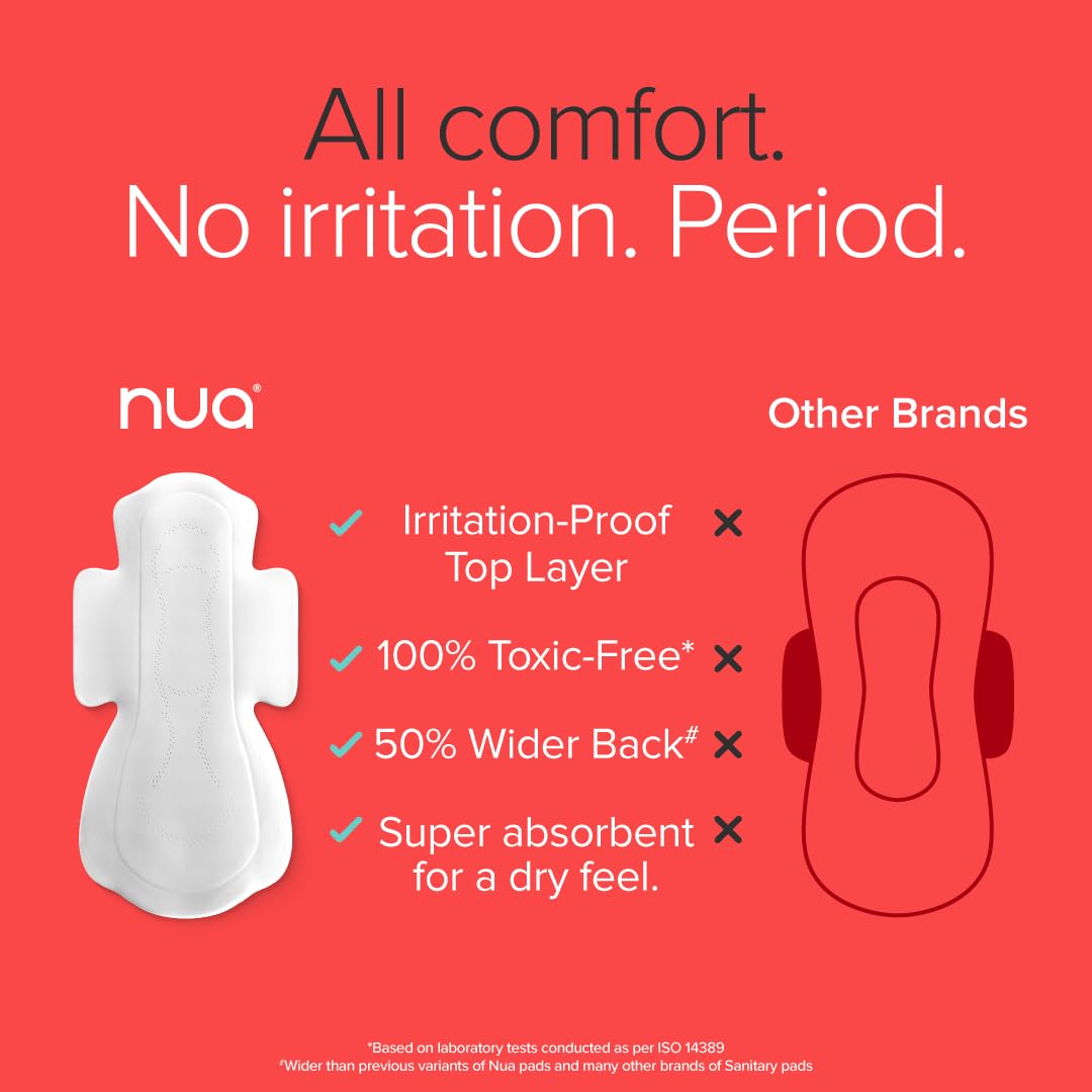 Nua Complete Comfort Sanitary Pads for Women | SUPER SAVER Pack of 4 (48 Pads) | Rash Free | Zero Irritation | Leakproof, Unscented & Toxin-Free | Gentle on Sen