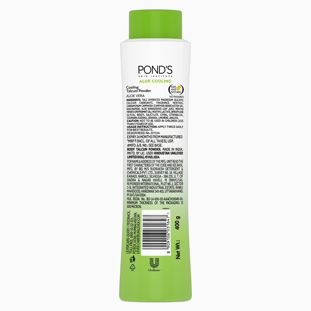 POND'S Aloe Cooling Powder, 400g, for Comfortable and Cool Skin in Summer, with Goodness of Aloe, 3X Instant Cooling, Long-Lasting Fragrance 400 g (Pack of 1)