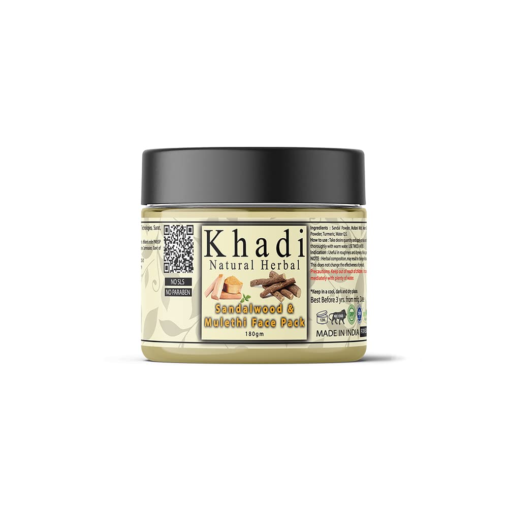 Khadi Natural Herbal Sandalwood Face Pack For Skin Brightening 180gm Pack | Enriched With 100% Natural Pure Sandalwood Powder & Mulethi For Skin Glowing | Reduc