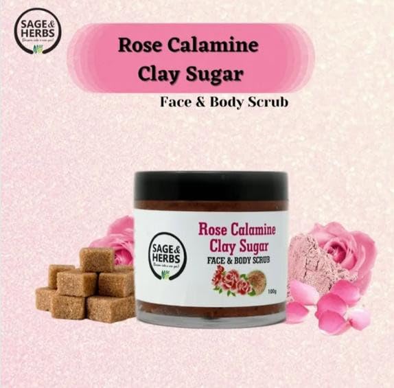 Sage & Herbs 100% Natural Exfoliating Rose Calamine Clay Sugar Face & Body Scrub | Rich in Vitamin C | Moisturizes for Instant Soft & Smooth Skin | Removes Dead