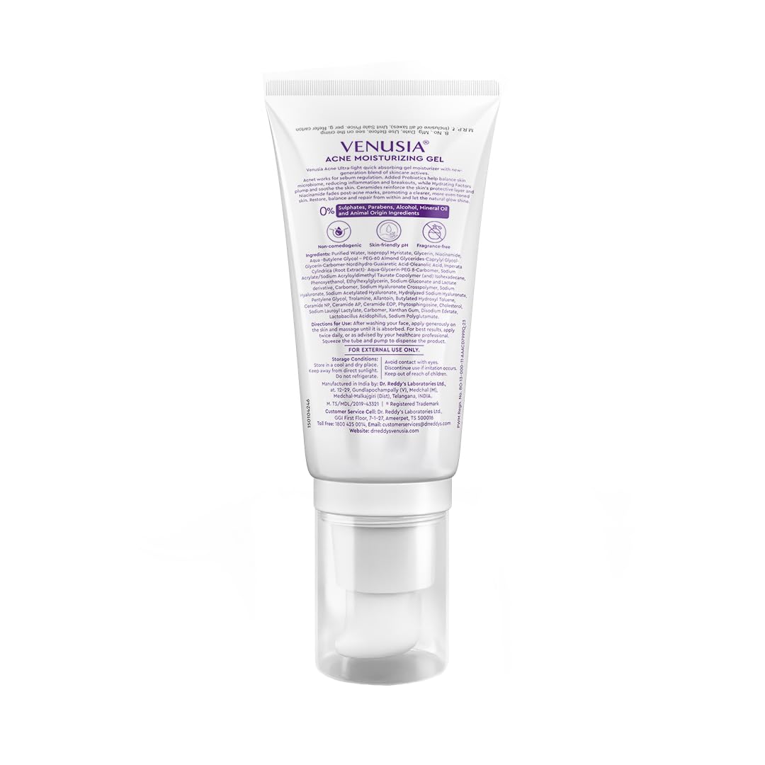 Dr. Reddy's Venusia Acne Moisturizing Gel For Oily & Acne Prone Skin | Ultra-light Sebum Control Formula With 5%+ Hydrating Complex, Polyglutamic Acid, 4-D Hyal