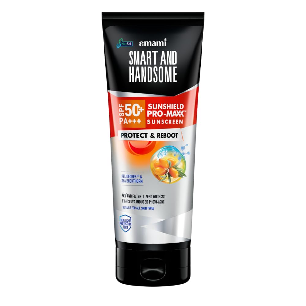 Smart And Handsome Sunshield Promaxx Sunscreen, Spf 50+ Pa+++, Protect & Reboot, 50g, Sea Buckthorn Extract + Helioedge5™ Technology, Zero White Cast, Dermatolo