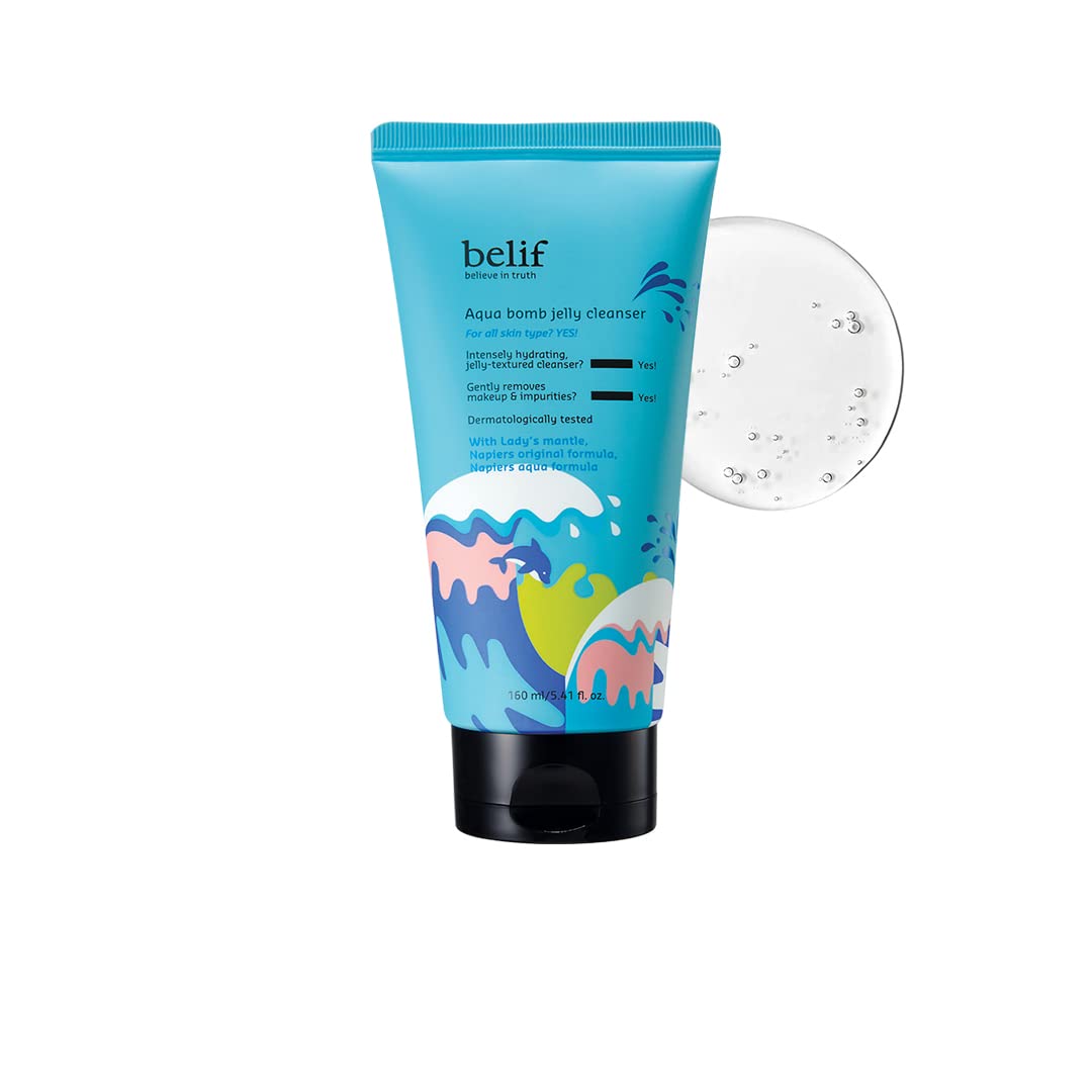 Belif Aqua Bomb Jelly Cleanser 160ML | Hydrating & Gentle Face Wash | Korean Skincare | Makeup Remover for All Skin Types | Vegan & Dermatologically Tested 160