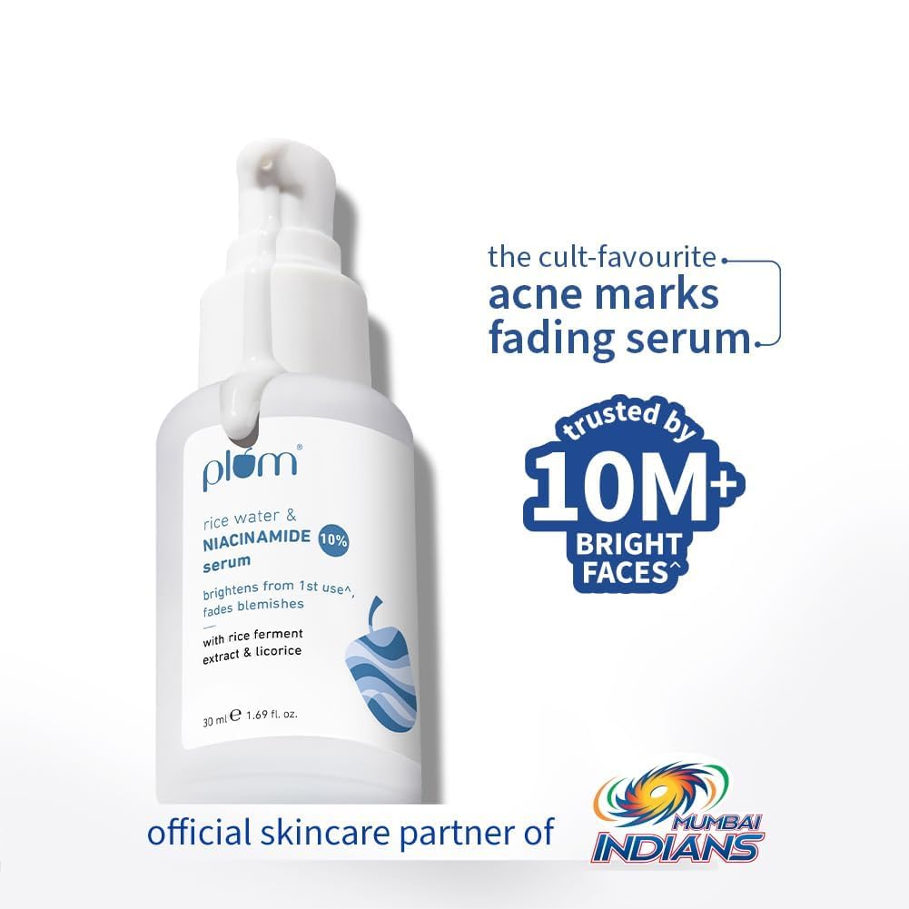 Plum 10% Niacinamide Serum with Rice Water for oily skin | Provides Clear, Glowing & Brightening Skin | for Acne Prone, Combination, Oily & Sensitive Skin | Oil