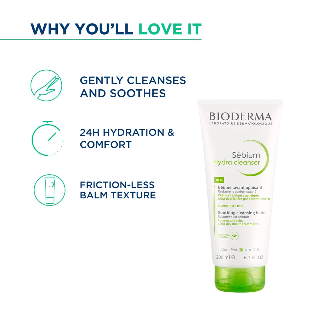 Bioderma Sebium Hydra Cleanser with Glycerin | Friction-Less Cleansing | 24H Comfort and Hydration | Acne Prone Sensitive Skin, 200 ml