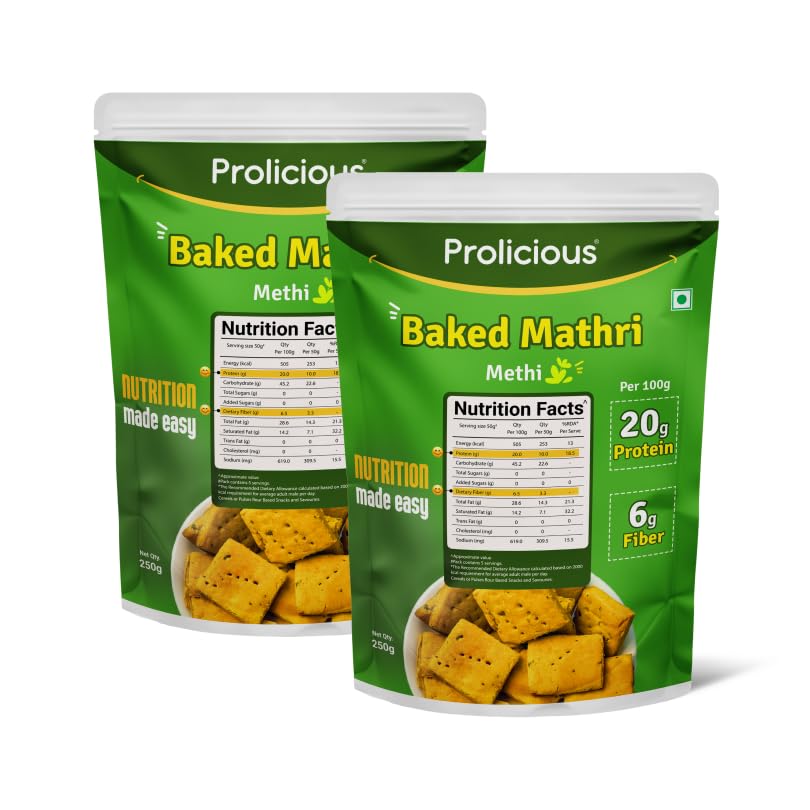 Prolicious Healthy Protein Baked Mathri| 10g Protein & 3g Fibre |Vegan Snack|No Maida |No Palm Oil| 250g (Pack of 2)|Methi 250 g (Pack of 2)