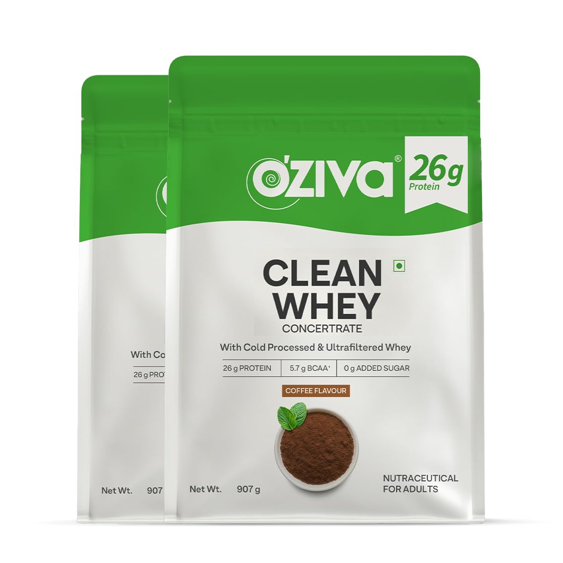 OZiva Clean Whey Coffee Protein Powder, 2 lbs (907g) | 26g Protein per Scoop | 100% Cold-Processed, Microfiltered for Better Absorption | Supports Muscle Recove