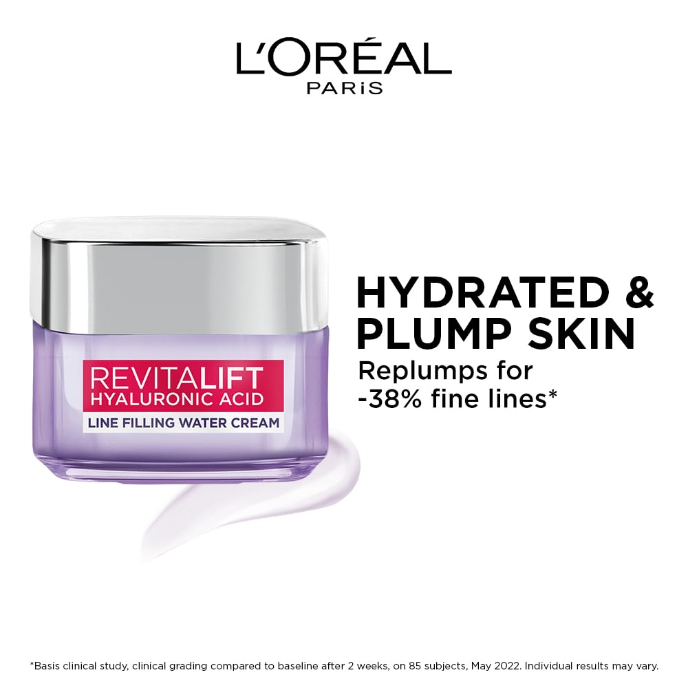 L'Oréal Paris Hyaluronic Acid Line Filling Water Cream, Moisturiser, Hyaluronic Acid for Hydration, Replumps Skin, Ceramides for Skin Barrier Repair, Reduces Fine Lines, 50ml