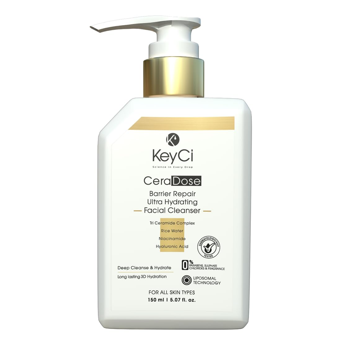 KeyCi CeraDose Barrier Repair Ultra Hydrating Cleanser | With 3 Ceramides, Niacinamide, Rice Water & Hyaluronic Acid | For Men & Women | Non-Foaming Face Wash f