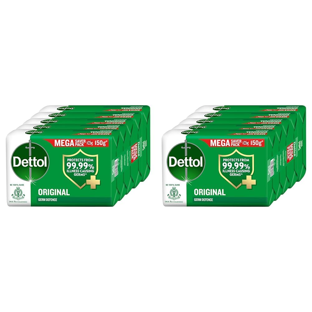 Dettol Original Germ Protection Bathing Soap Bar (750gm) | Kills 99.99% germs, 150 - Pack of 10 (packaging may vary) 150 g (Pack of 10)