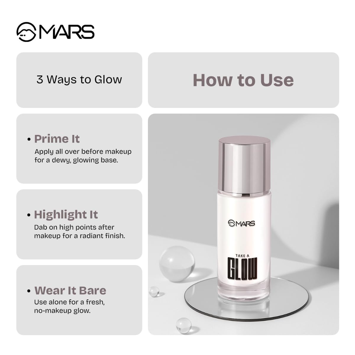 MARS Take A Glow Illuminating Primer + Strobe Cream | 3-in-1 Formula: Moisturiser, Face Primer & Highlighter | Enriched with Jojoba Oil, Madecassoside & Ectoin (30ml) (02-LIGHT BEAM)