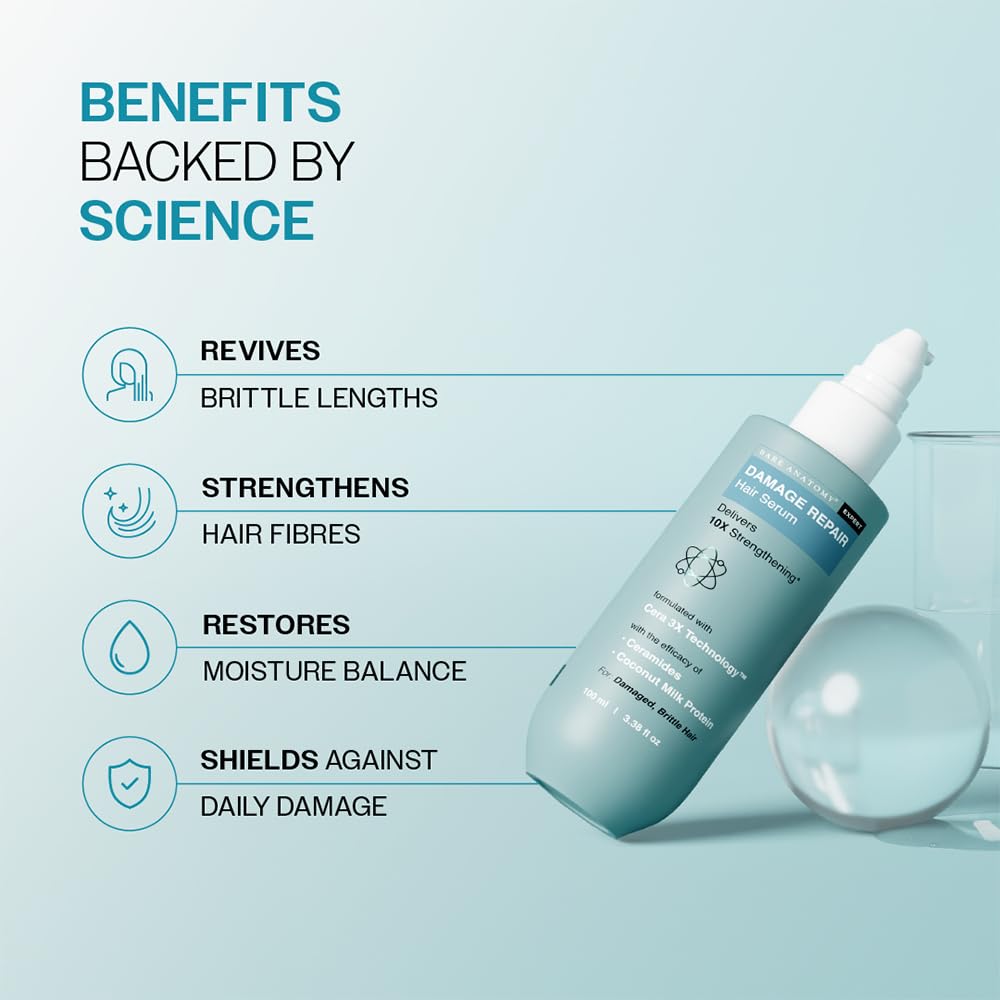 Bare Anatomy Damage Repair Hair Serum, Powered by Cera3x Technology Delivers 3x Hair Strengthening, Serum for Smoothing for Dry and Frizzy Hair, 100ml