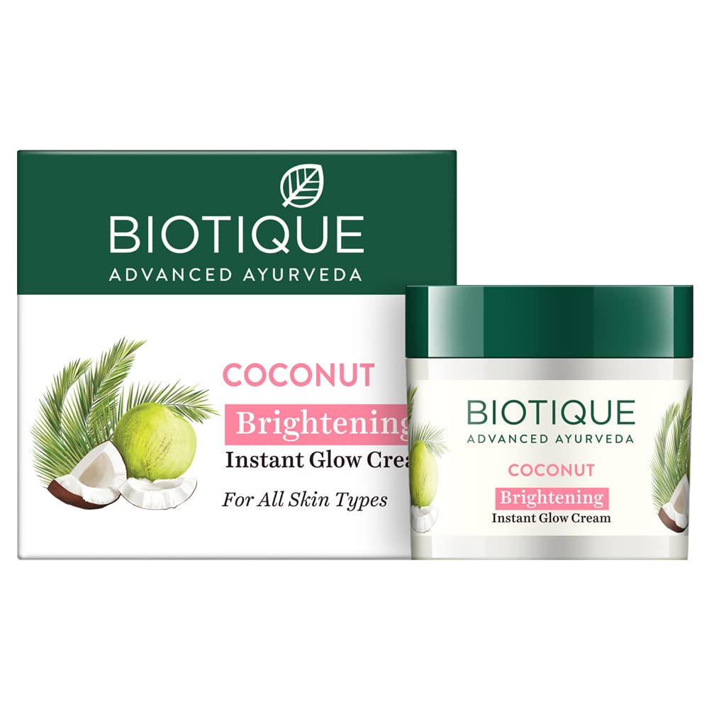 Biotique Coconut Brightening Instant Glow Cream| Lightweight and Non-Greasy | Reduces Dark Spots and Protects Ageing | Nourished and Moisturized Skin |100% Bota
