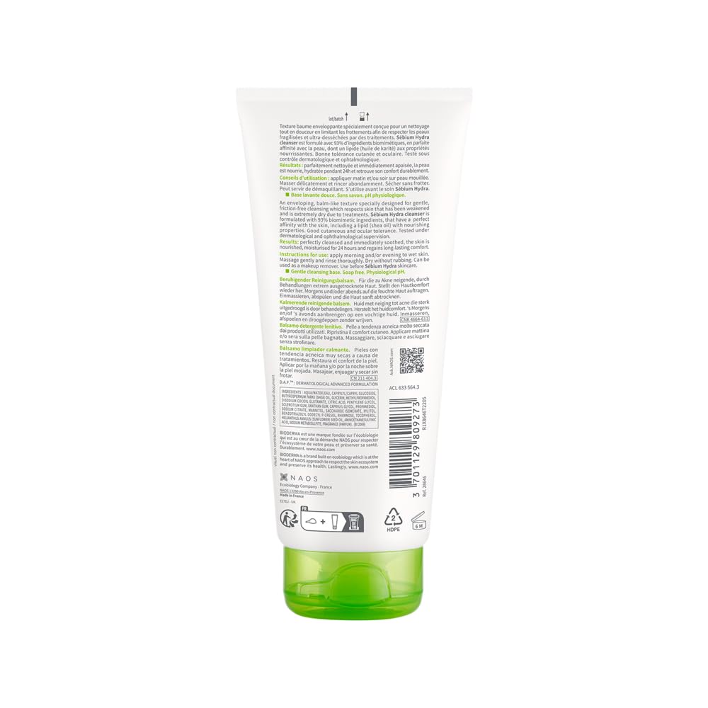 Bioderma Sebium Hydra Cleanser with Glycerin | Friction-Less Cleansing | 24H Comfort and Hydration | Acne Prone Sensitive Skin, 200 ml