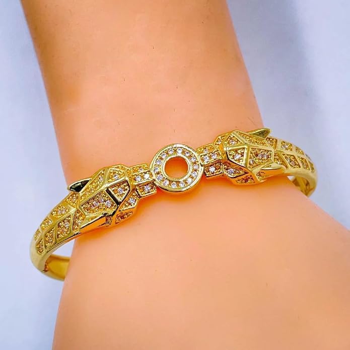 Dual Panther Evil Eye Enamel Cubic Zirconia Copper Gold Bangle Kada for Women