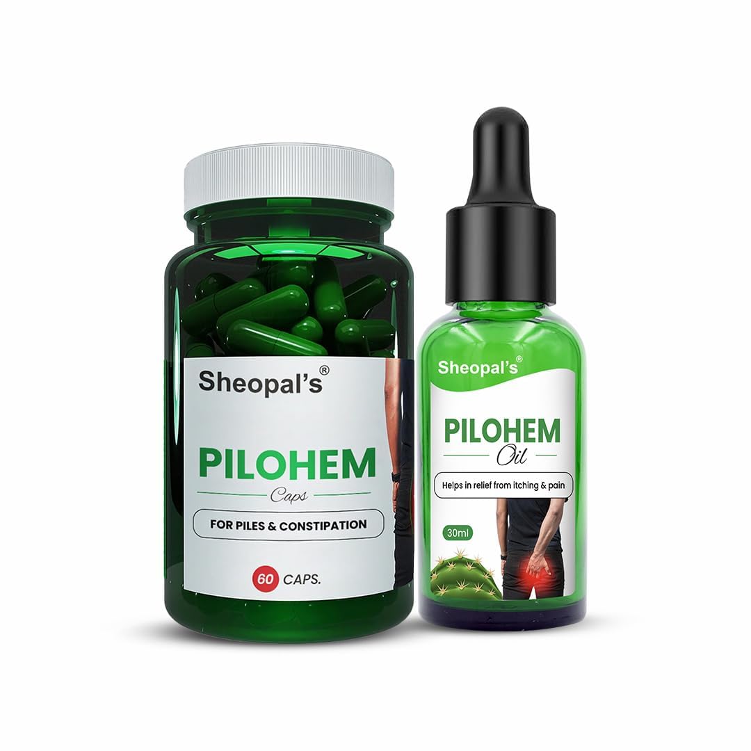 Sheopal's Pilohem combo 60 Capsule with 30ml Oil | Piles Care Ayurvedic | Fissure, Fistula | Gas & Constipation., Daruhaldi, Hara, Reetha 6 Other Herbs PilohemO