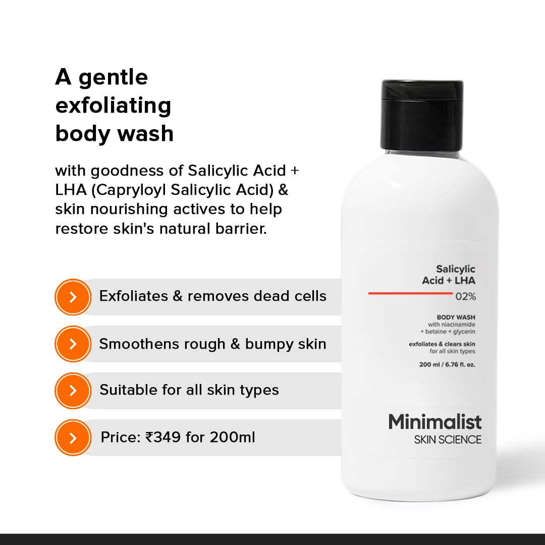 Minimalist 2% Salicylic Acid + LHA Body Wash | Gentle Exfoliating Bodywash for Body Acne, Un-even, Rough & Bumpy Skin | Sulphate (SLS), Dye, & Fragrance Free |