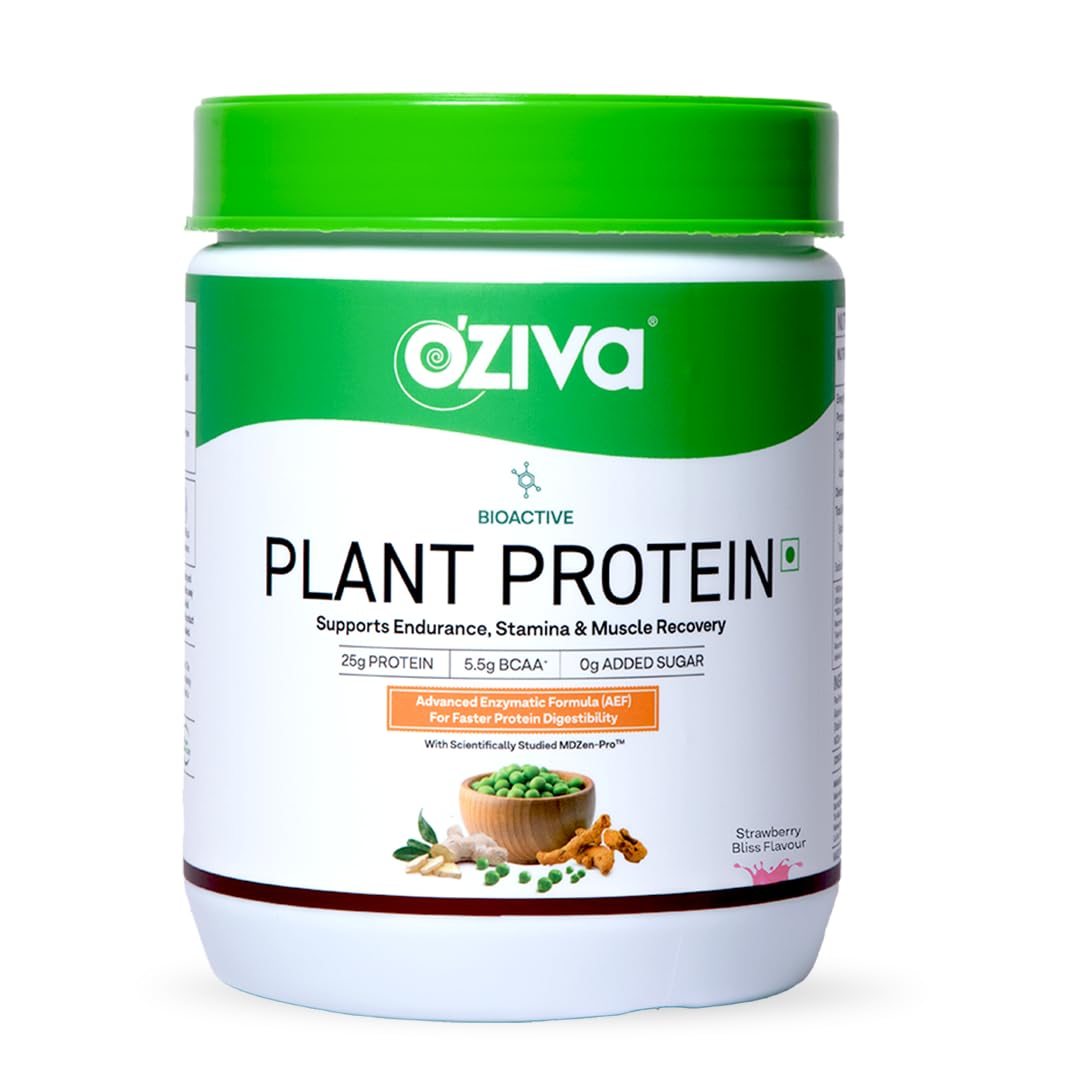 OZiva Bioactive Plant Protein Powder, 5.5g BCAA, Vegan, Strawberry, 500g Strawberry 500 g