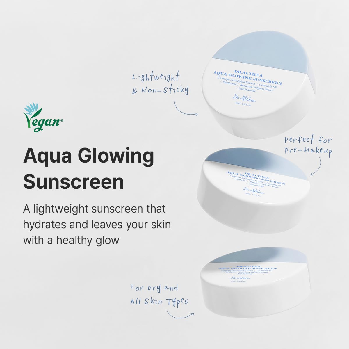Dr. Althea Aqua Glowing Sunscreen | SPF 50+ PA++++ | Lightweight Hydrating Sunscreen | Non-Greasy, No White Cast | Korean Vegan Skincare | 45ml