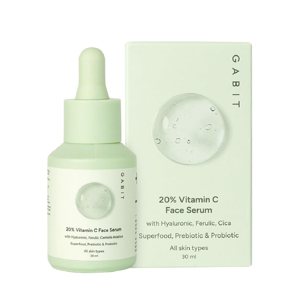 Gabit 20% Vitamin C Face Serum for Glowing Skin | Brightening Serum for Dark Spots, Dull Skin, Tanned Skin | Improves Wrinkles | Hyaluronic, Ferulic, CiCa, Preb