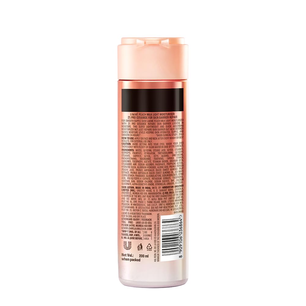 Lakme Peach Milk Pro Ceramide Moisturizer with Vitamin E for Deep Moisturizing and Skin Strengthening | With Skin Conditioner| For Dry Skin, Normal Skin & Sensi