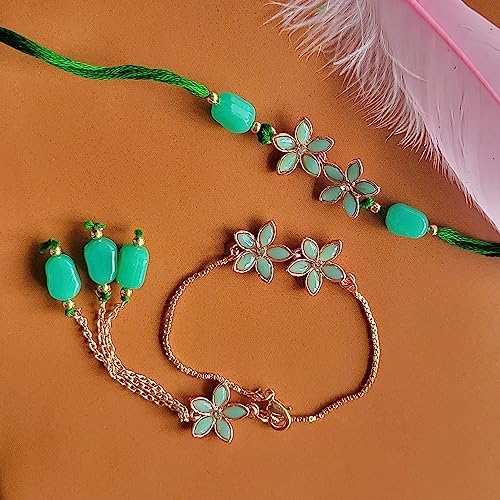 Mahi Rakhi for Brother and Bhabhi - Colorful Crystals and Meenakari Work Bracelet Style Lumba Rakhi Set